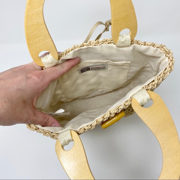 Boho Woven Straw Hand Bag with Wood Handles - Picture 2 of 4